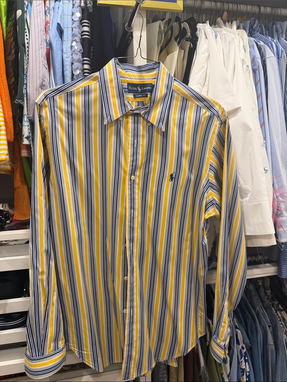 Ralph Lauren Yellow & Navy Multi-Stripe Cotton Button-Down Shirt
